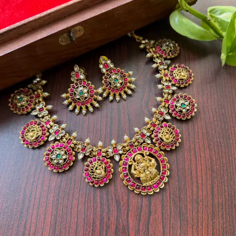 Sreeleela Inspired Jadau Replica Temple Necklace Set with Ruby & Uncut Polki Stones SJSN034
