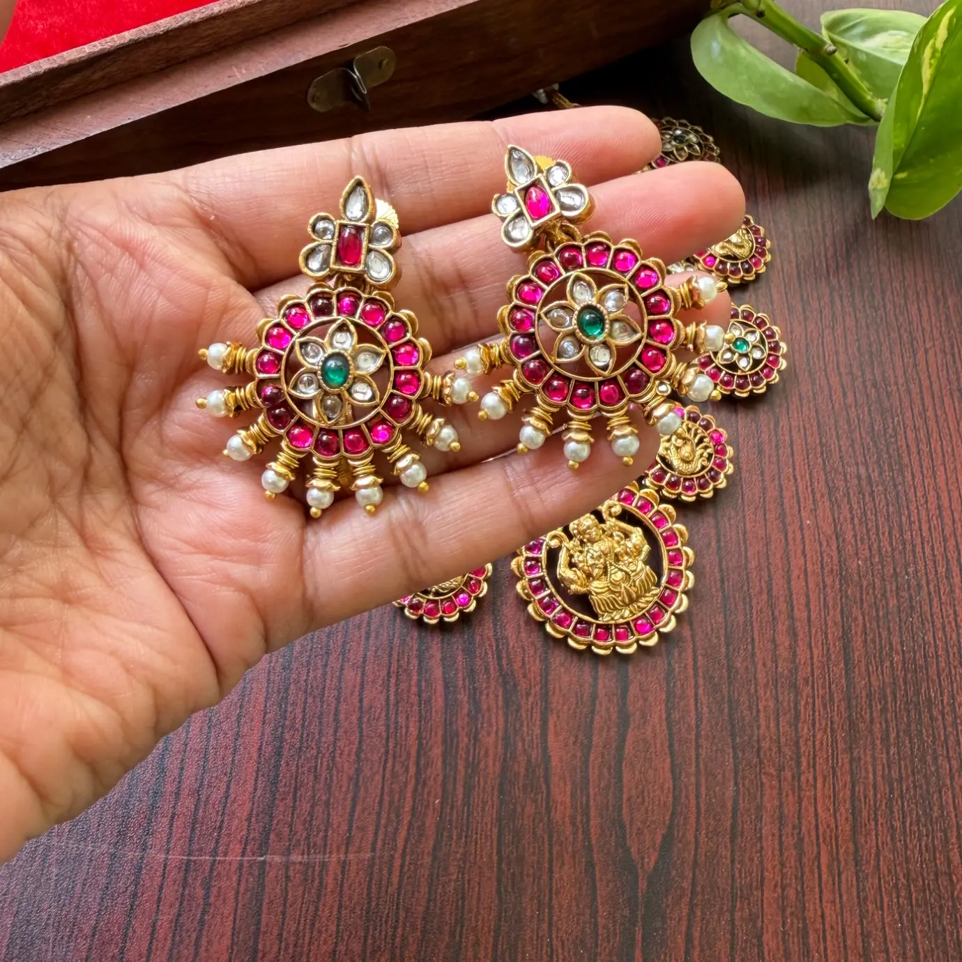 Sreeleela Inspired Jadau Replica Temple Necklace Set with Ruby & Uncut Polki Stones SJSN034