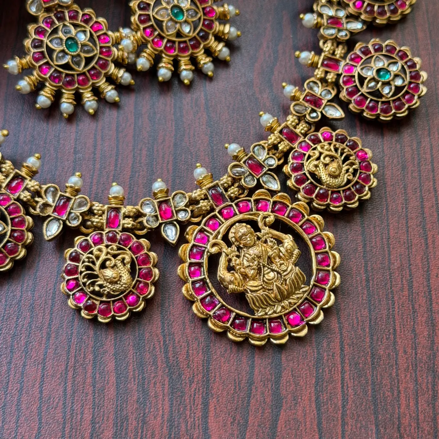 Sreeleela Inspired Jadau Replica Temple Necklace Set with Ruby & Uncut Polki Stones SJSN034