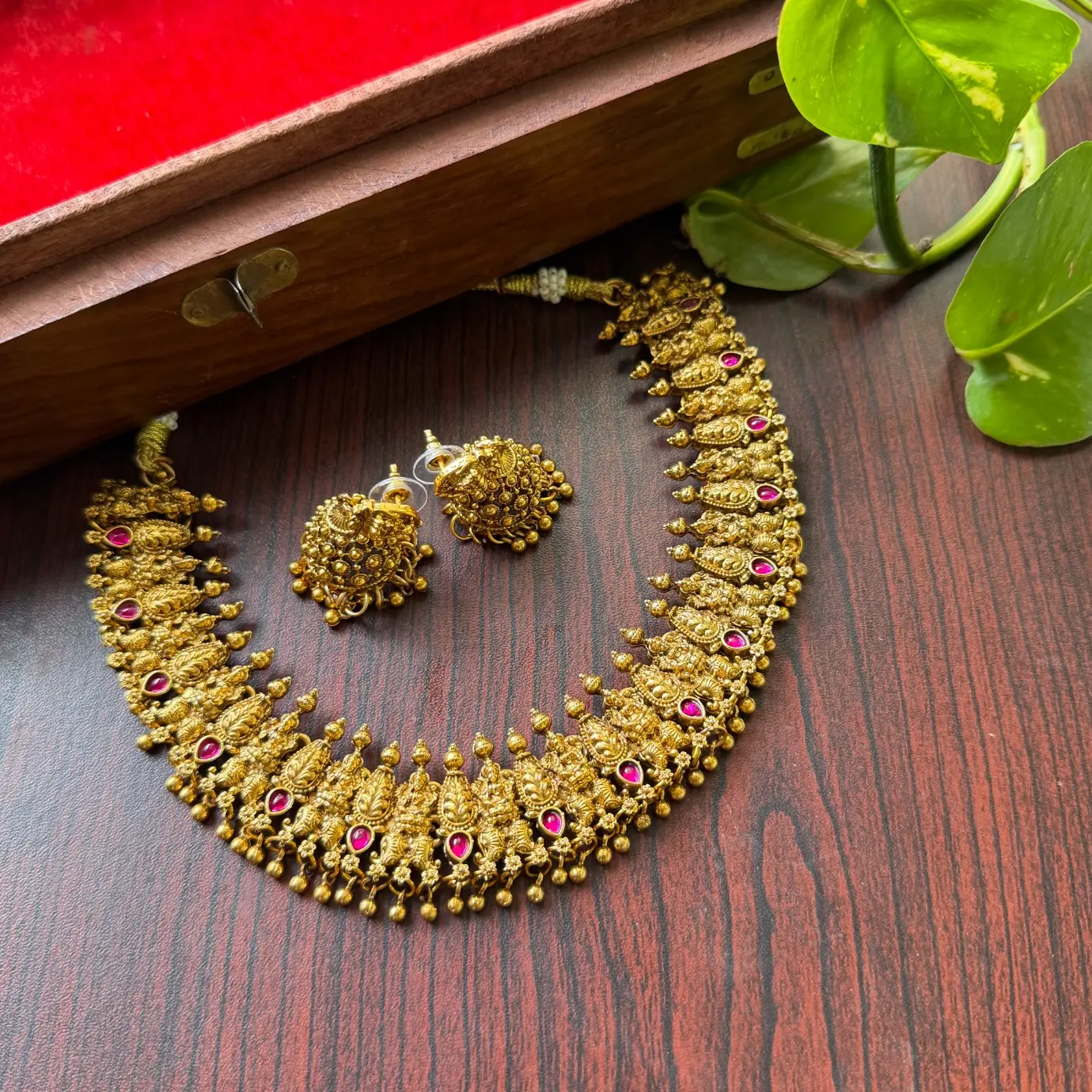 Gold Lakshmi Coin & Mango Motif Choker Set with Ruby Stones SJSN035