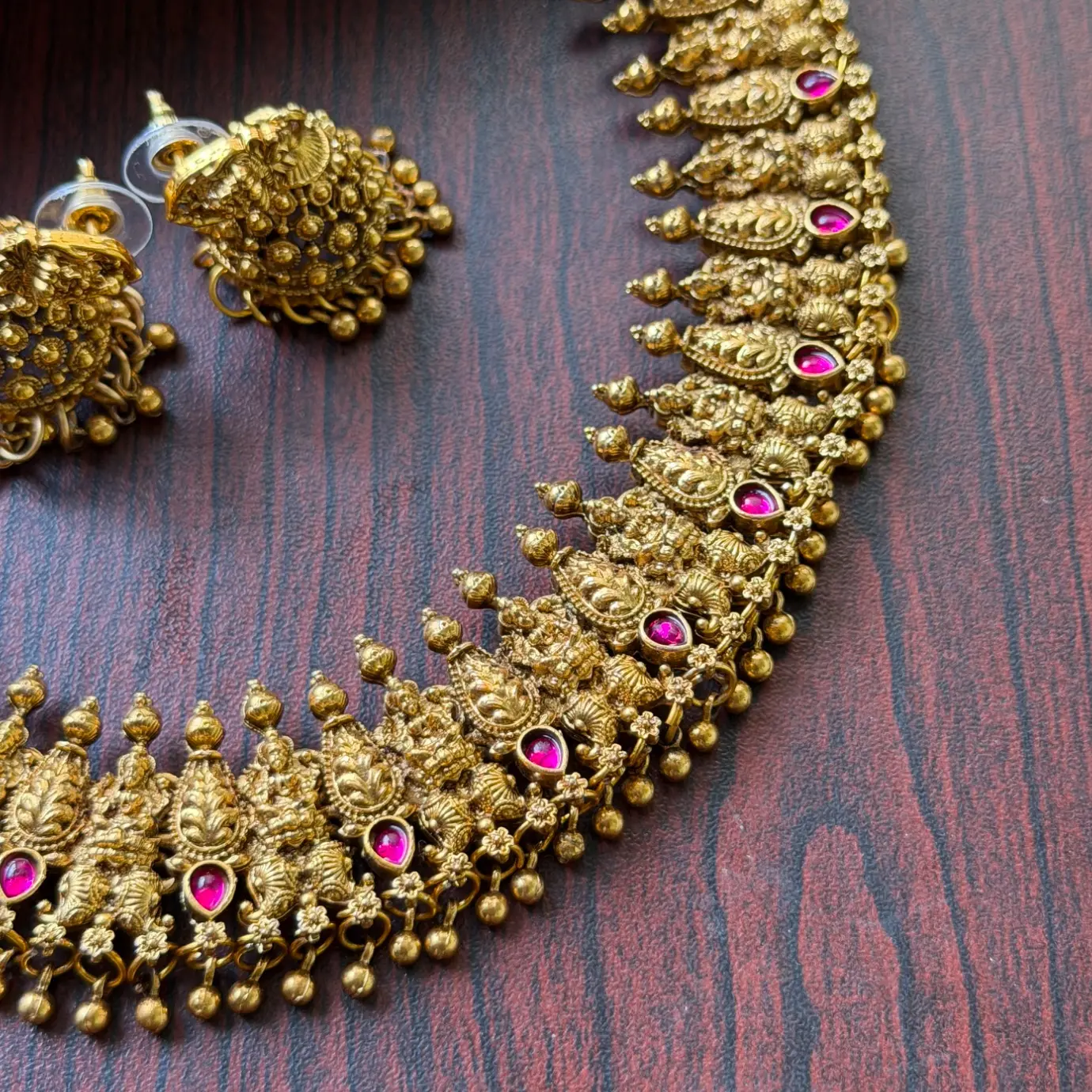 Gold Lakshmi Coin & Mango Motif Choker Set with Ruby Stones SJSN035