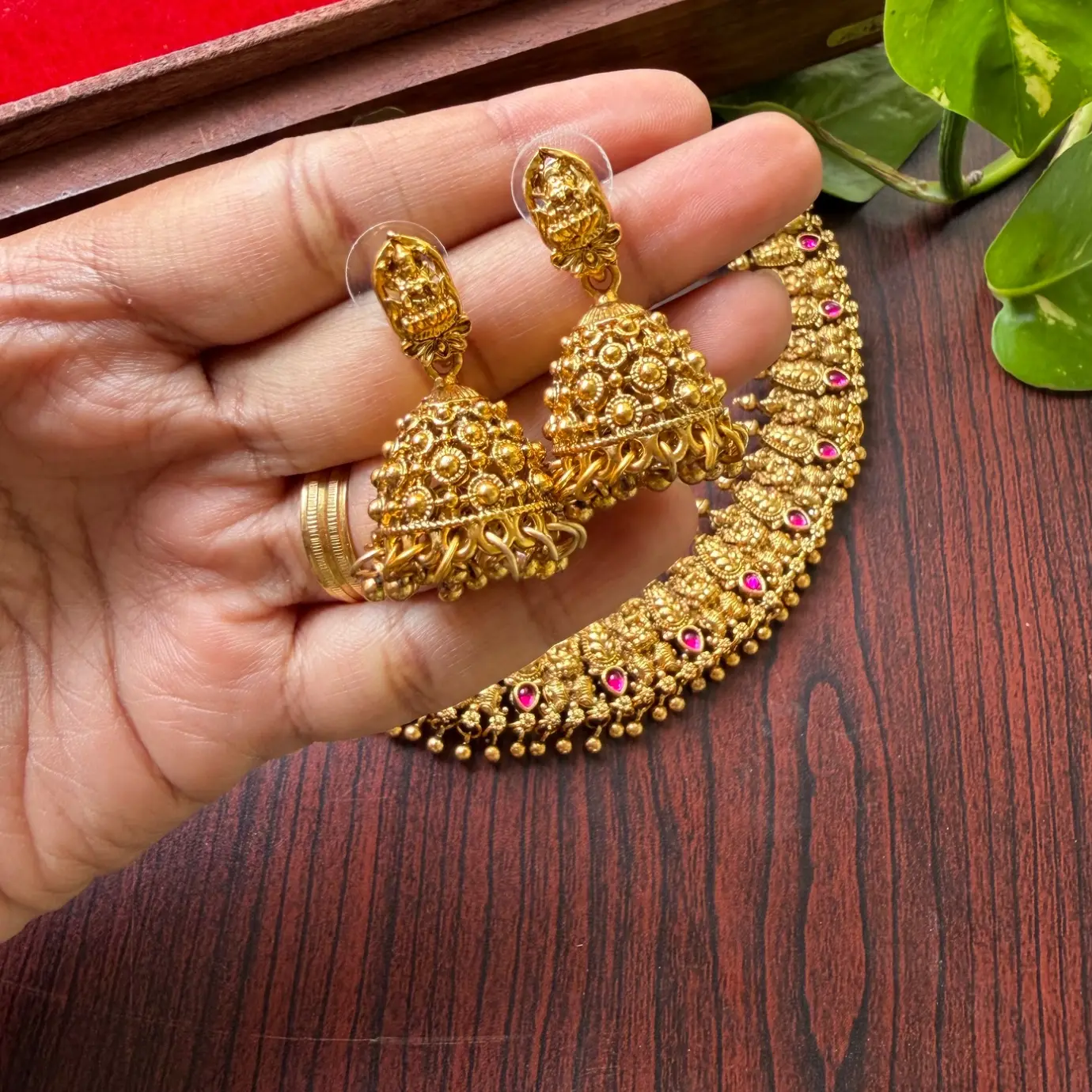 Gold Lakshmi Coin & Mango Motif Choker Set with Ruby Stones SJSN035
