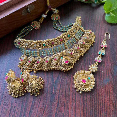 Antique Peacock Multi-Strand Choker Set with Maang Tikka (Bridal Choker Set) SJSN042