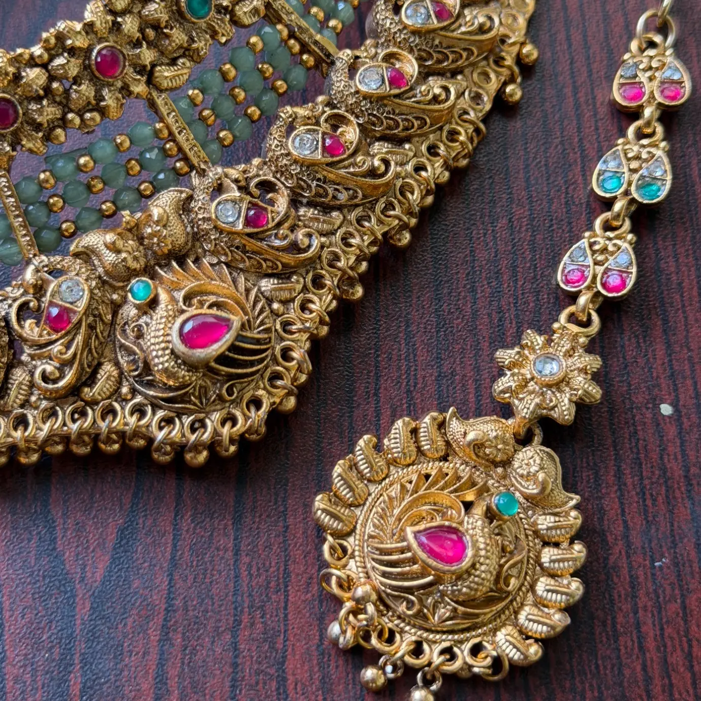 Antique Peacock Multi-Strand Choker Set with Maang Tikka (Bridal Choker Set) SJSN042