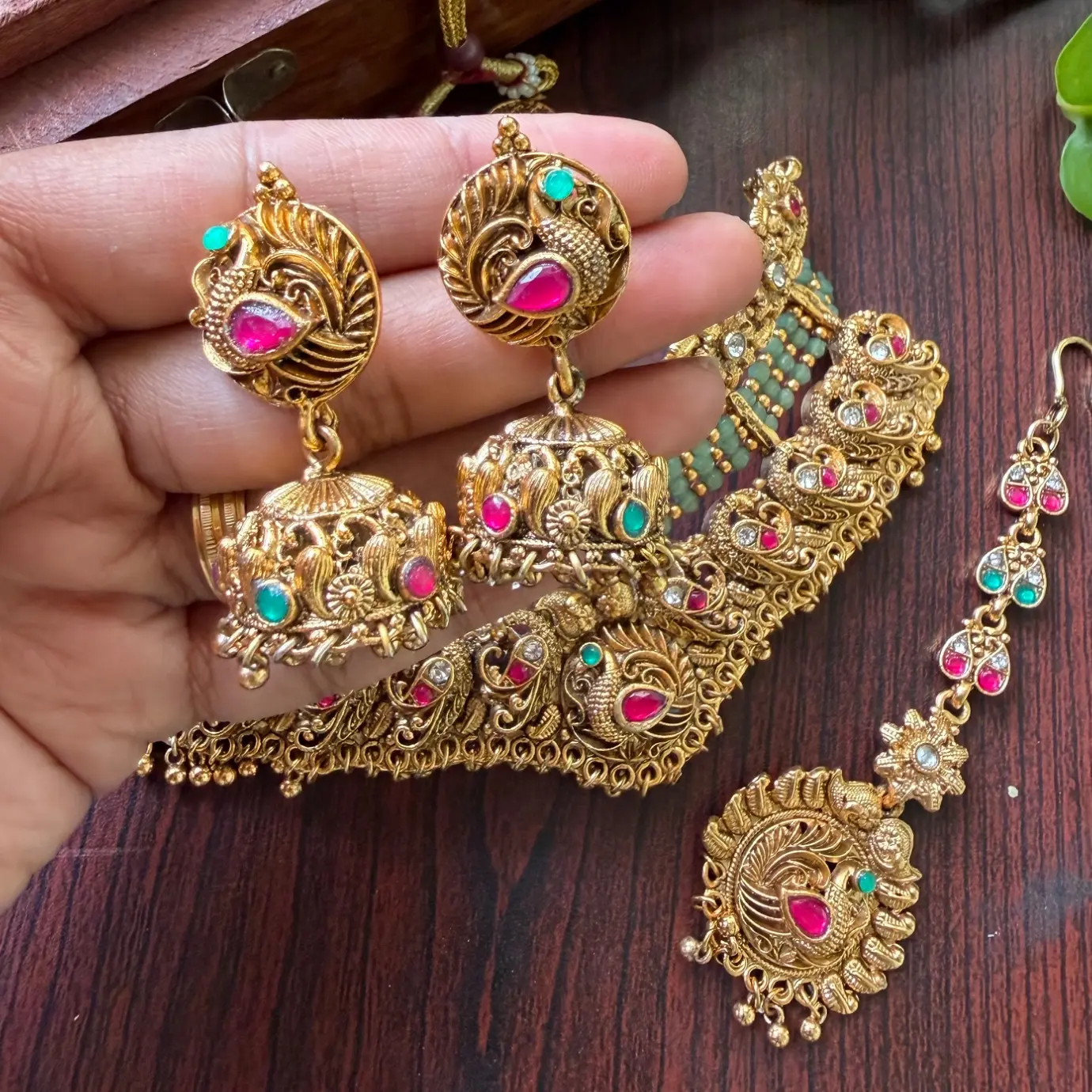 Antique Peacock Multi-Strand Choker Set with Maang Tikka (Bridal Choker Set) SJSN042