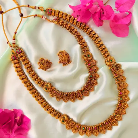 Divine Kasu Mala Antique Gold Semi-Bridal Necklace & Jhumka Set SJSB001