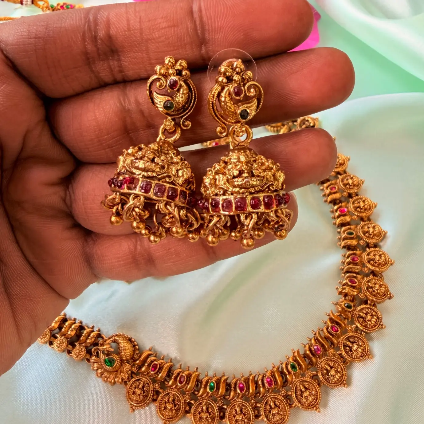 Divine Kasu Mala Antique Gold Semi-Bridal Necklace & Jhumka Set SJSB001