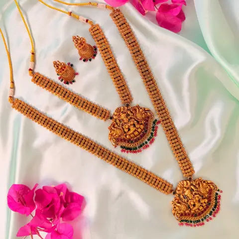 Divine Lakshmi Shrine Antique Gold Semi-Bridal Necklace & Jhumka Set SJSB006