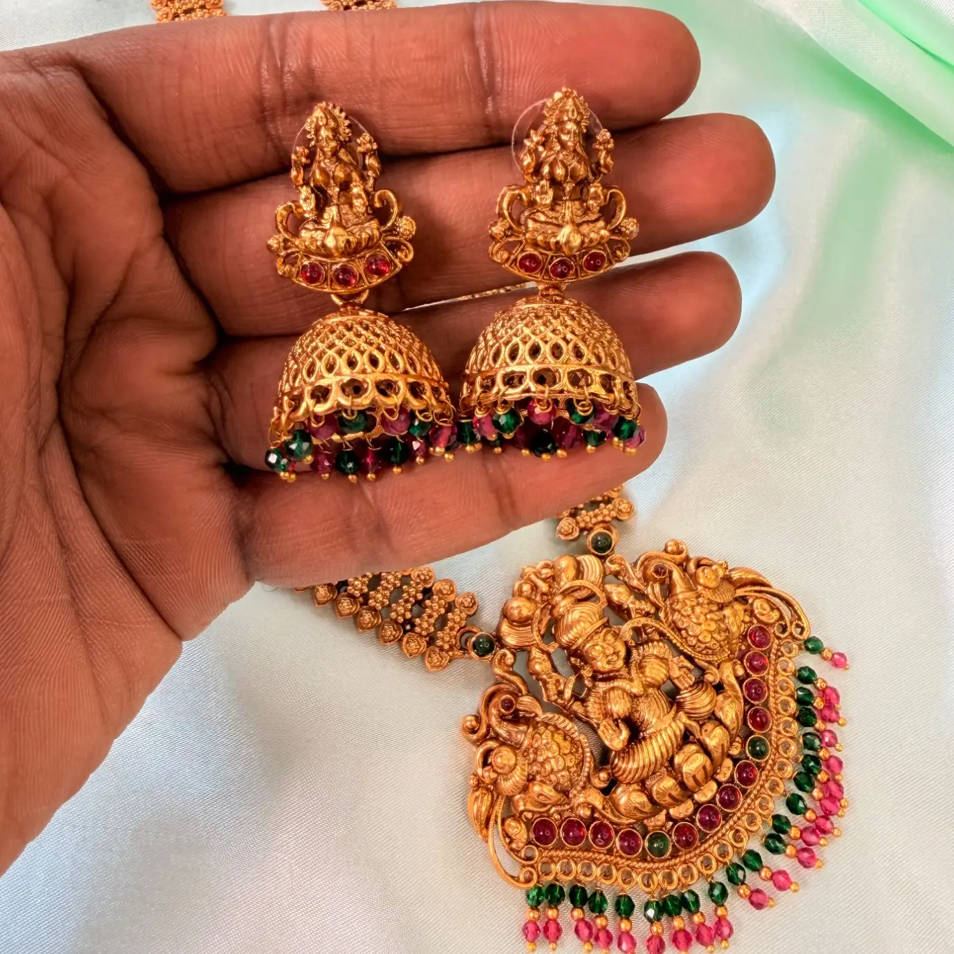 Divine Lakshmi Shrine Antique Gold Semi-Bridal Necklace & Jhumka Set SJSB006