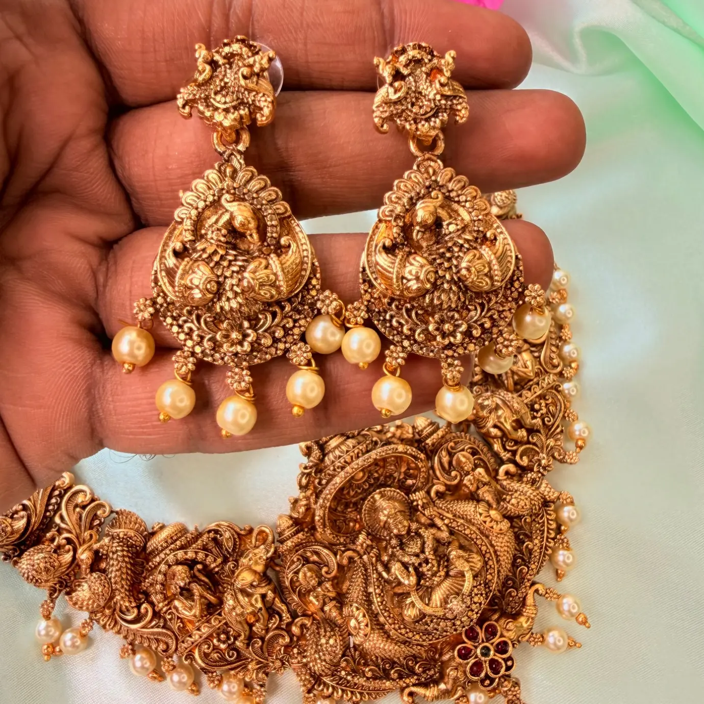 Goddess Lakshmi Peacock Temple Work Semi-Bridal Combo SJSB012