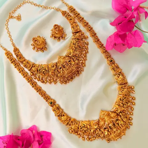 Premium Nakshi Temple Work Goddess Lakshmi Bridal Set SJSB014