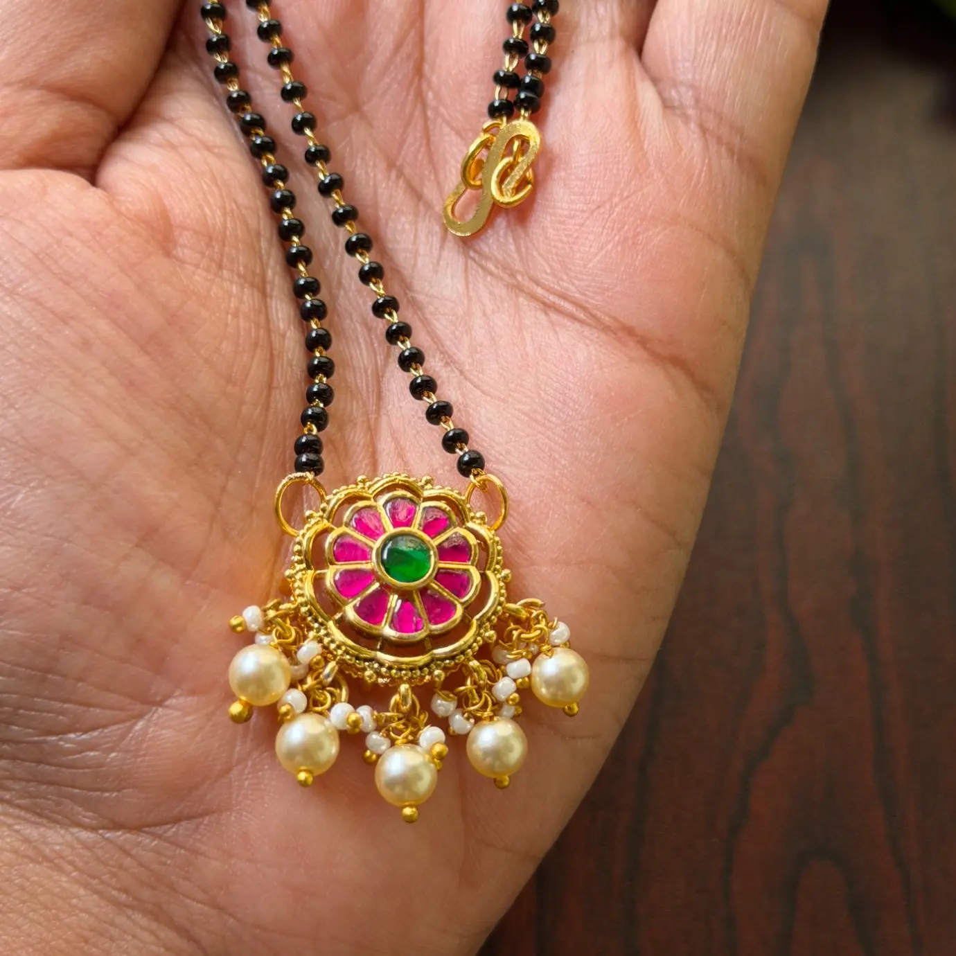 Floral Jadau & Pearl Short Black Bead Mangalsutra SJM001