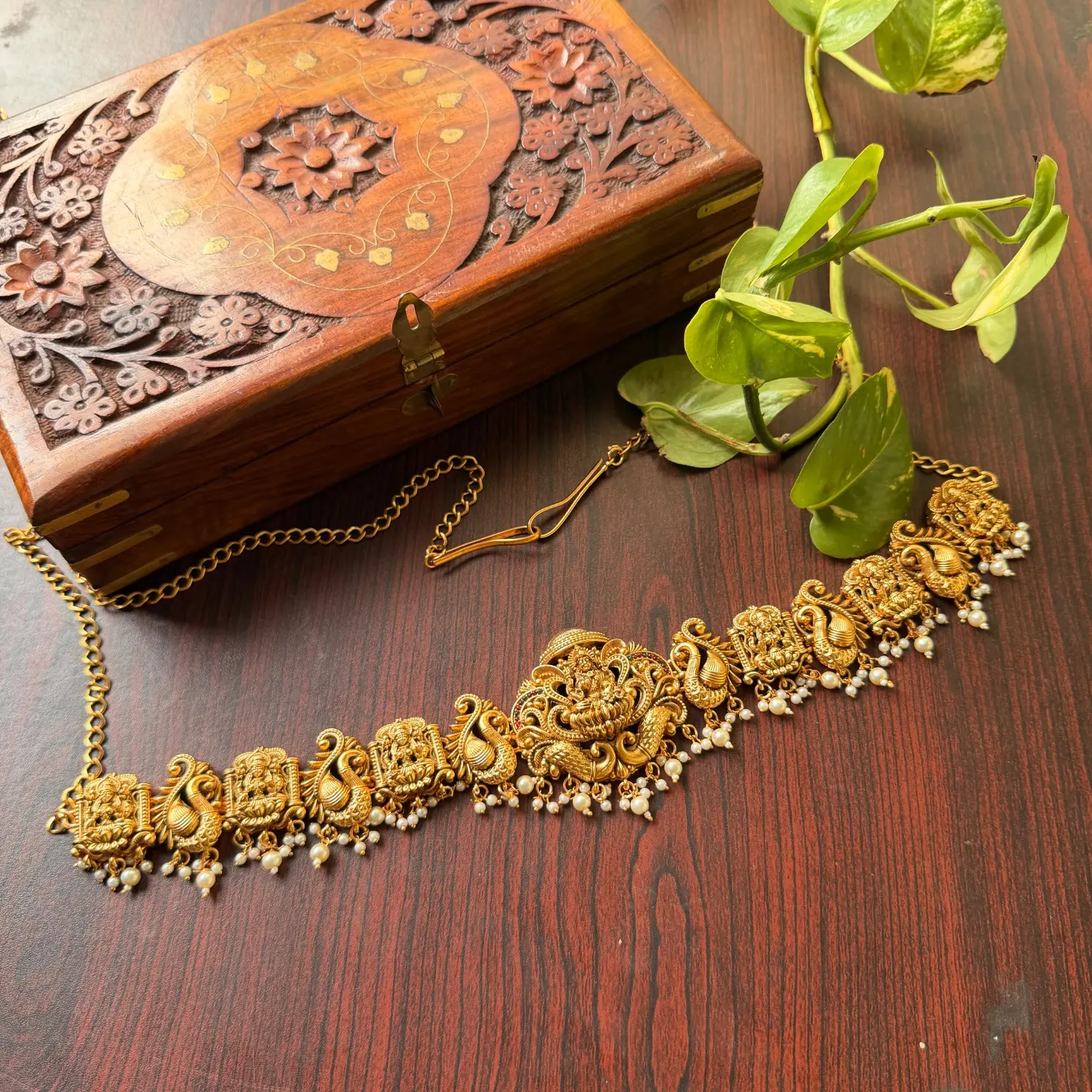 Goddess Lakshmi & Peacock Antique Temple Vaddanam / Waist Chain with Pearl Drops SJMD006