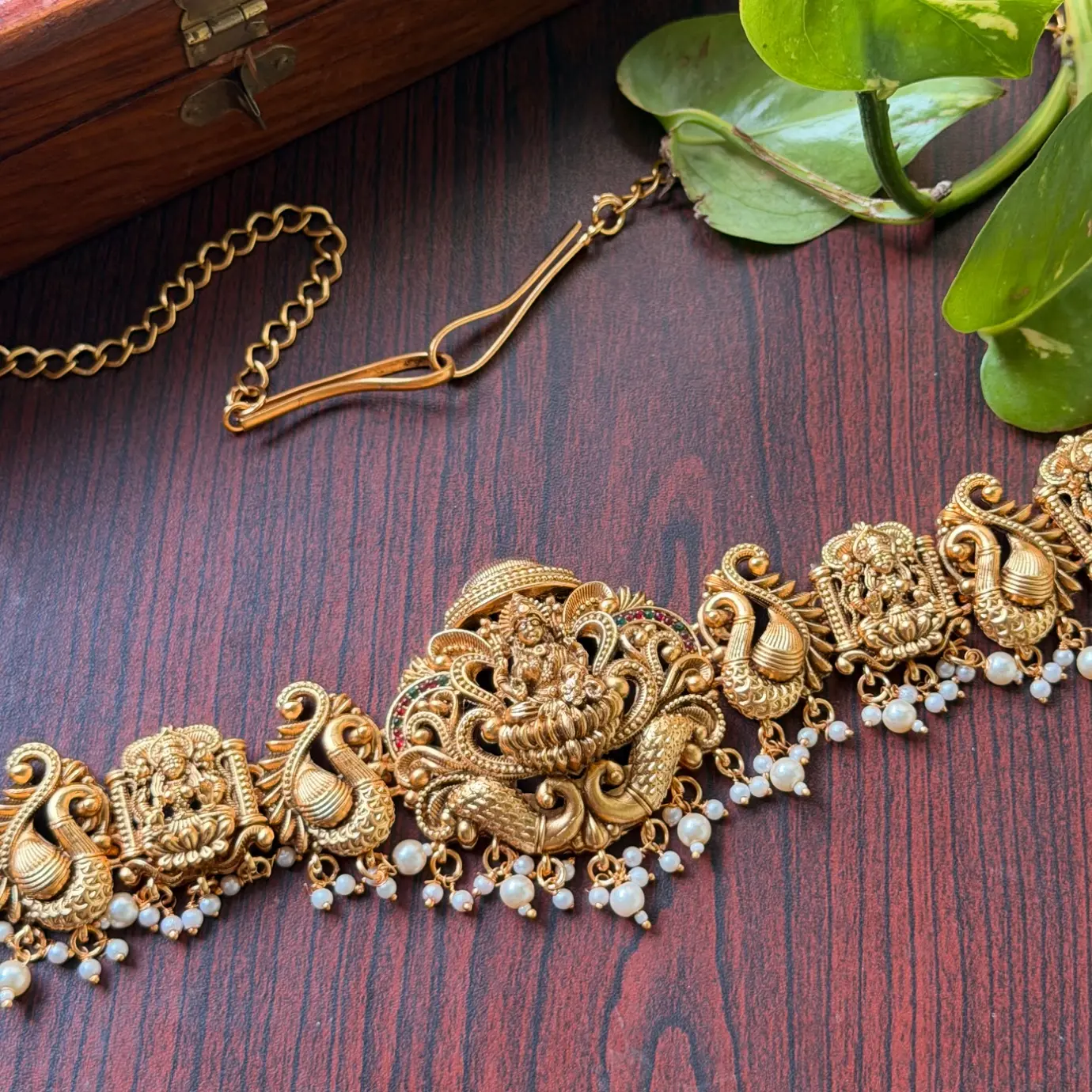 Goddess Lakshmi & Peacock Antique Temple Vaddanam / Waist Chain with Pearl Drops SJMD006