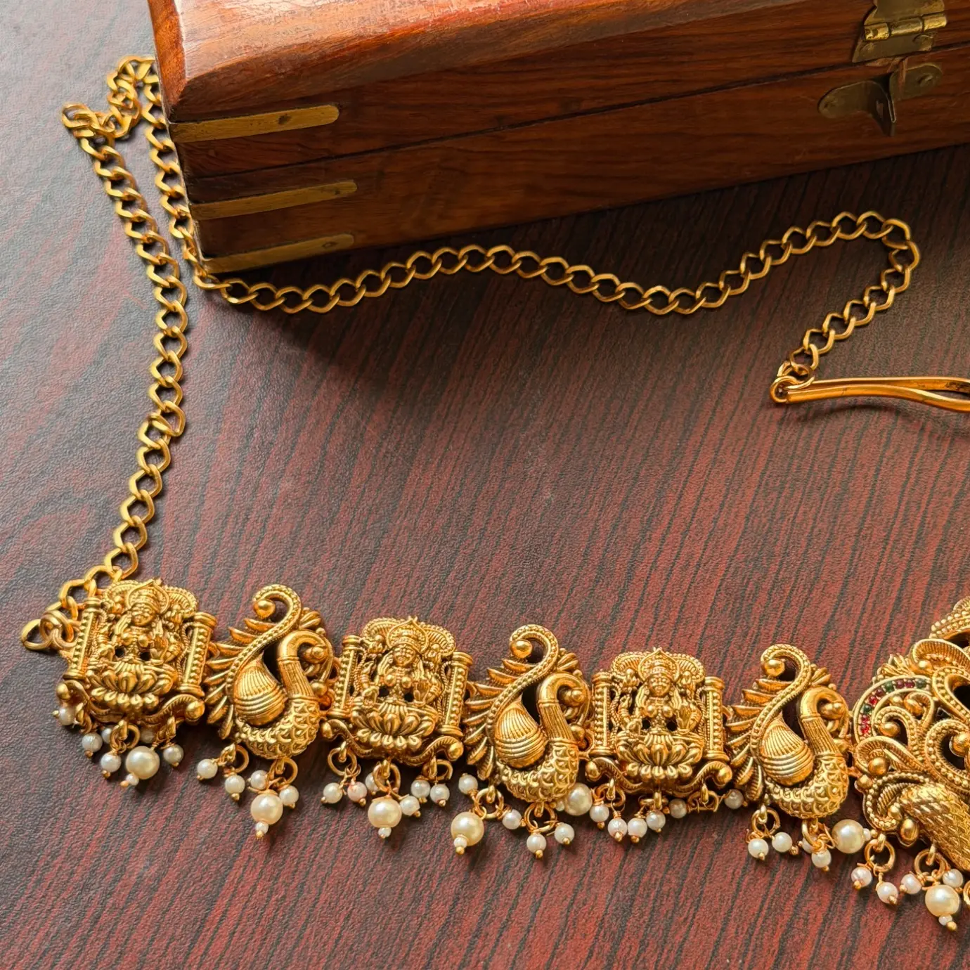 Goddess Lakshmi & Peacock Antique Temple Vaddanam / Waist Chain with Pearl Drops SJMD006