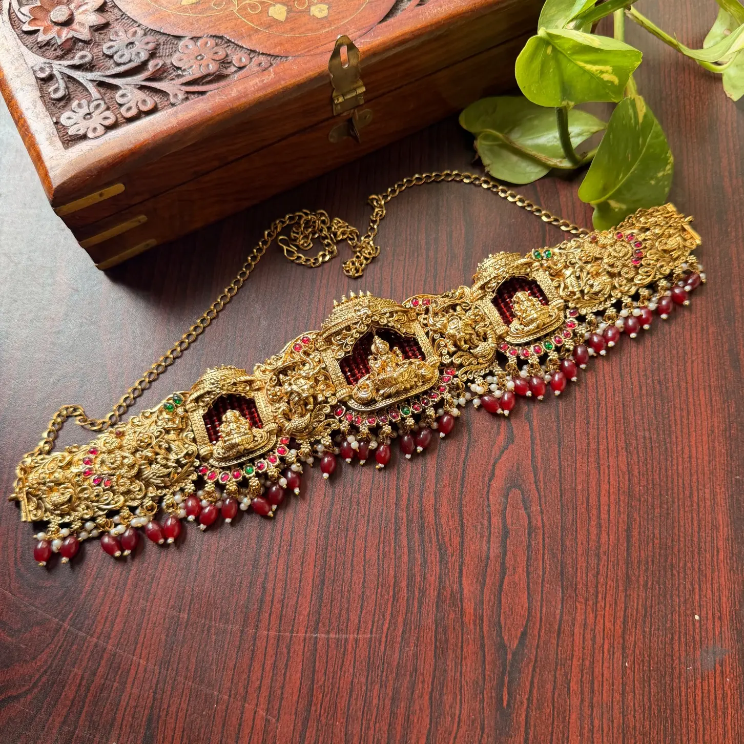 Goddess Lakshmi Temple Antique Vaddanam / Waist Chain with Ruby Red Bead Drops SJMD008