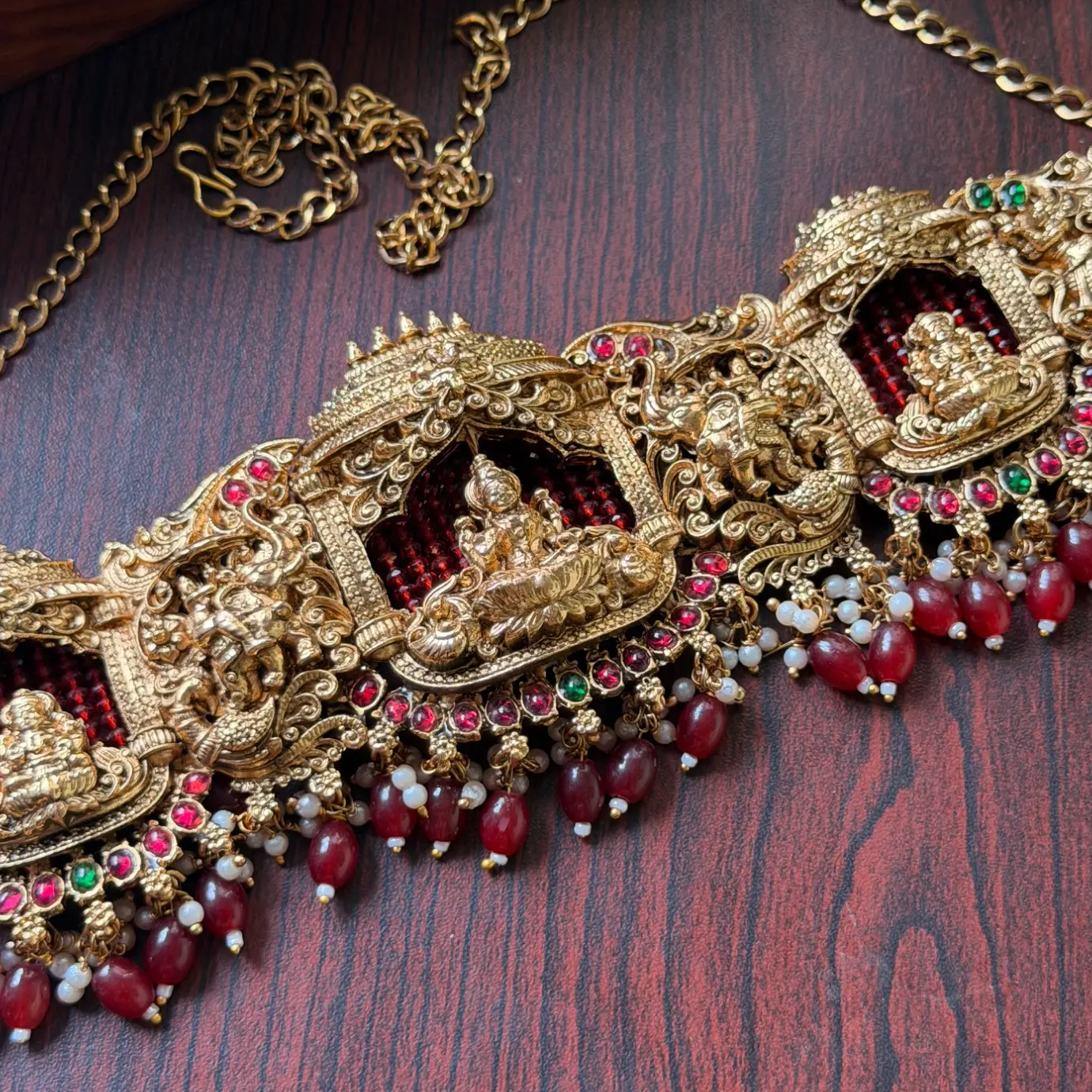 Goddess Lakshmi Temple Antique Vaddanam / Waist Chain with Ruby Red Bead Drops SJMD008