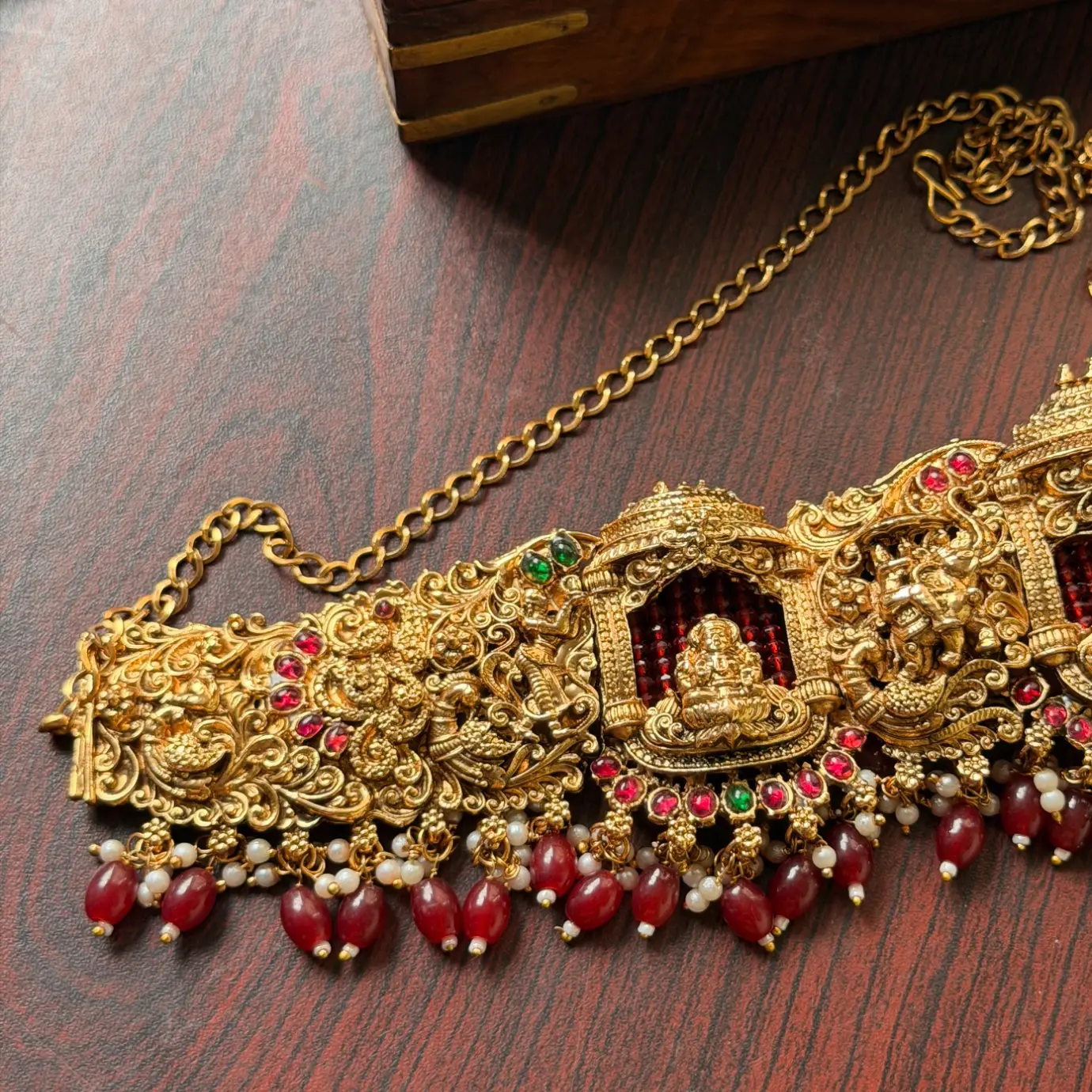 Goddess Lakshmi Temple Antique Vaddanam / Waist Chain with Ruby Red Bead Drops SJMD008