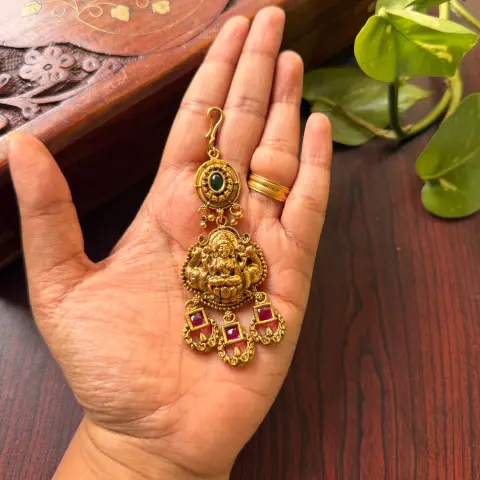 Gajalakshmi Antique Temple Maang Tikka with Kemp Stone Drops SJMD011