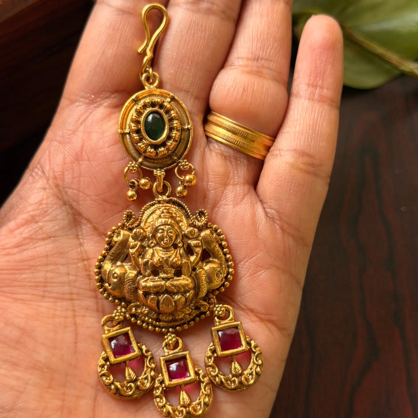 Gajalakshmi Antique Temple Maang Tikka with Kemp Stone Drops SJMD011