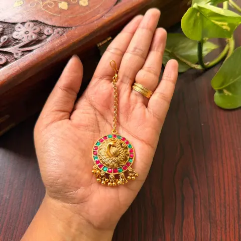 Peacock Circular Antique Maang Tikka with Ruby & Emerald Kemp Stones SJMD012