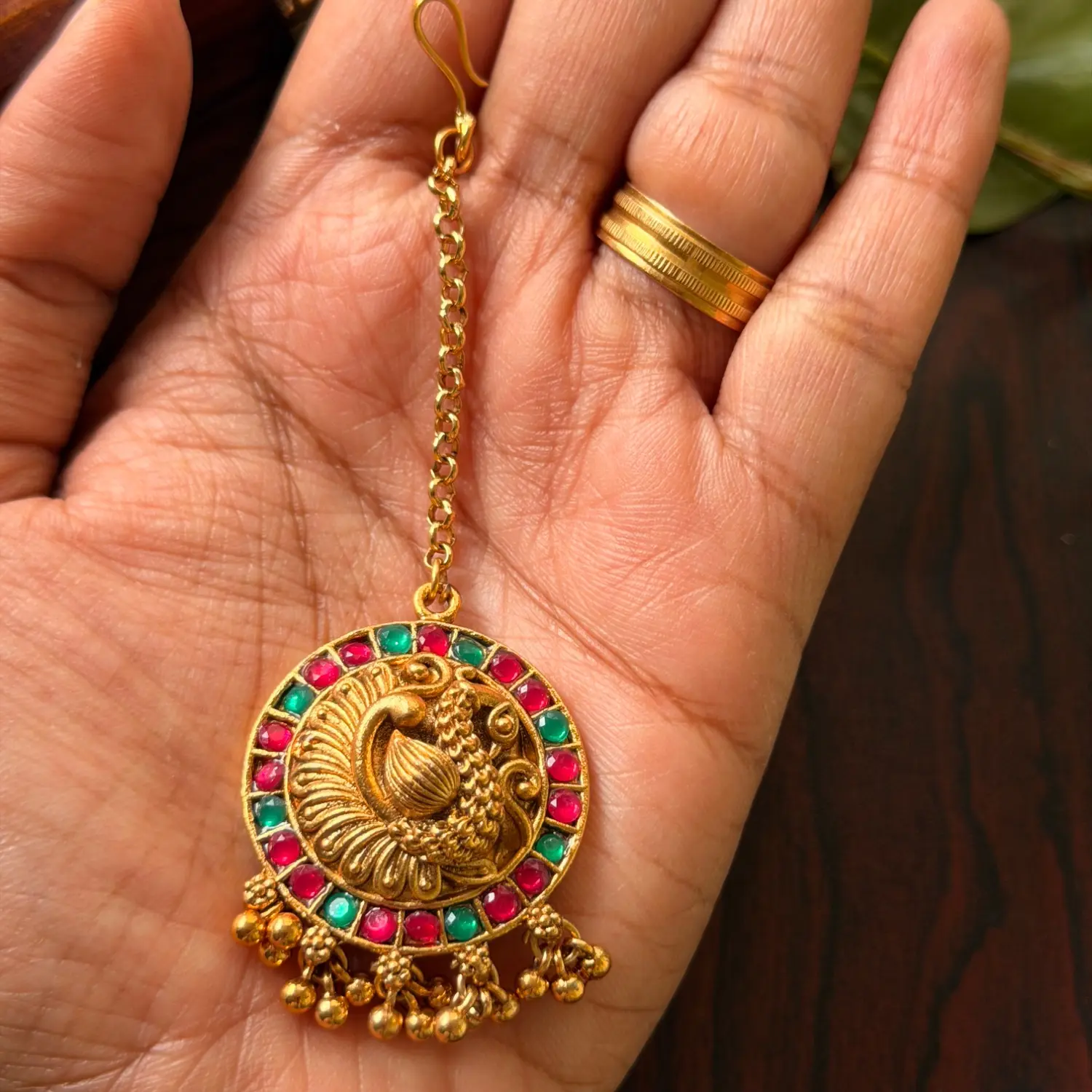 Peacock Circular Antique Maang Tikka with Ruby & Emerald Kemp Stones SJMD012