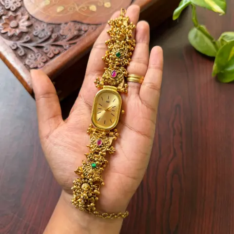 Antique Gold Nakshi Temple Work Bracelet Watch SJA002