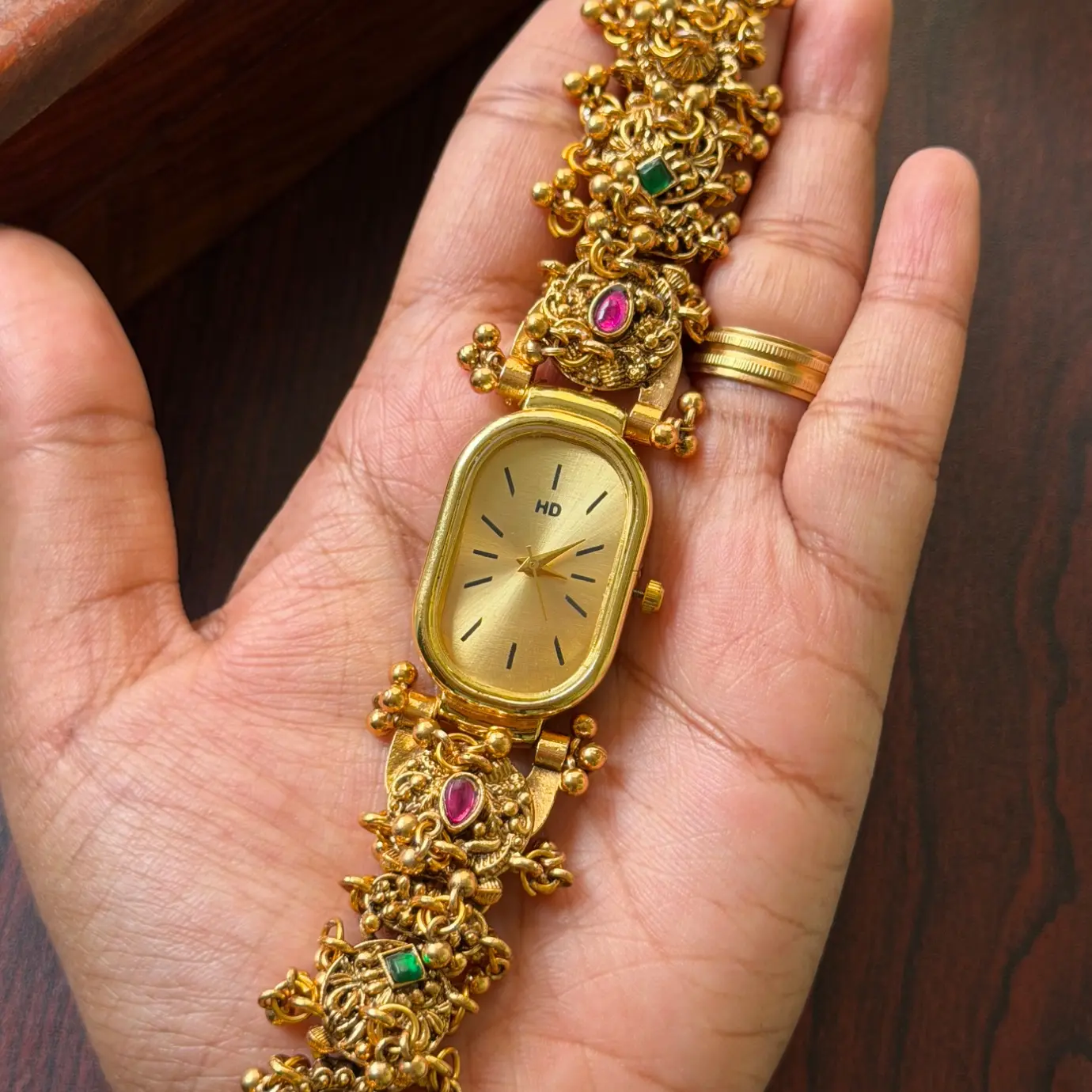 Antique Gold Nakshi Temple Work Bracelet Watch SJA002