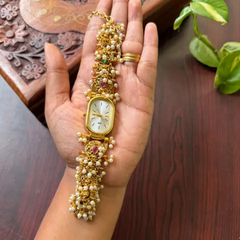 Antique Gold Nakshi Temple Work Bracelet Watch SJA003