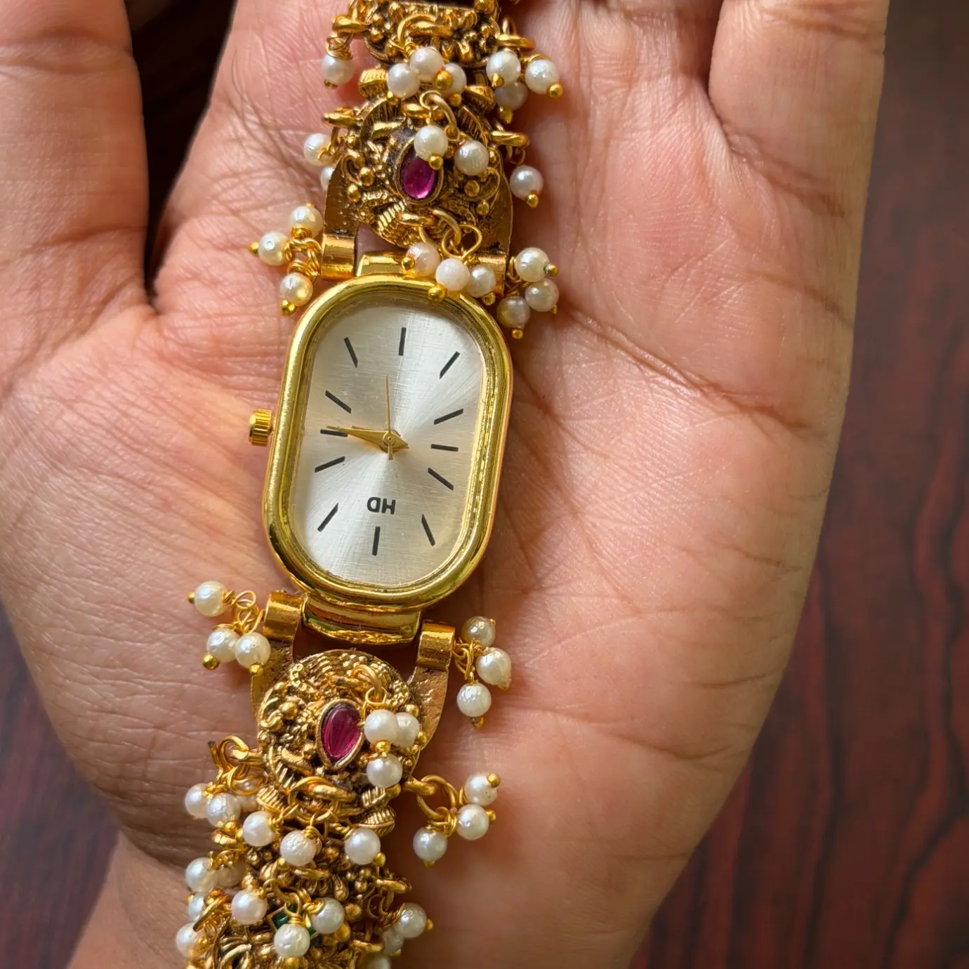 Antique Gold Nakshi Temple Work Bracelet Watch SJA003