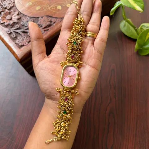 Antique Gold Nakshi Temple Work Bracelet Watch SJA004