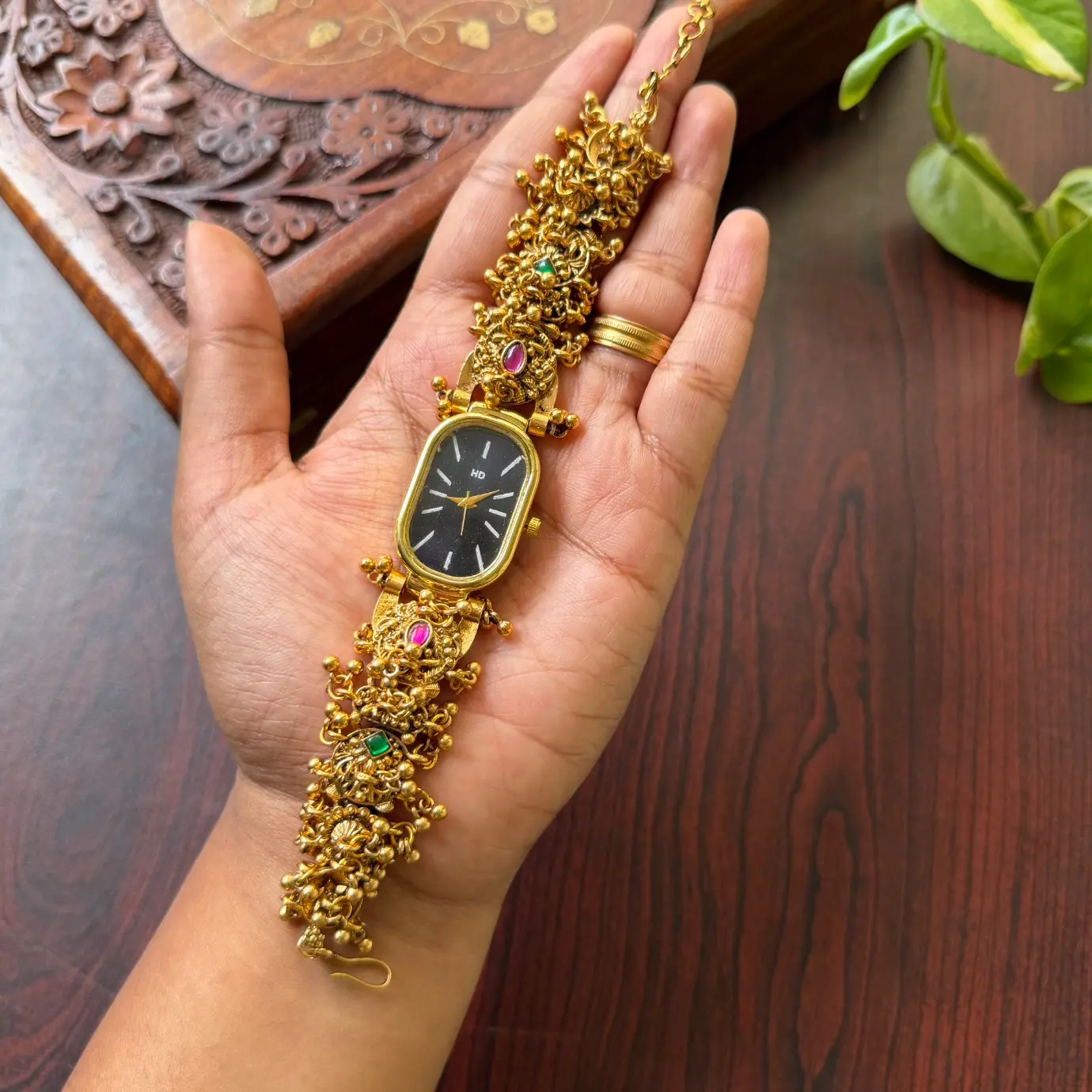 Antique Gold Nakshi Temple Work Bracelet Watch SJA005