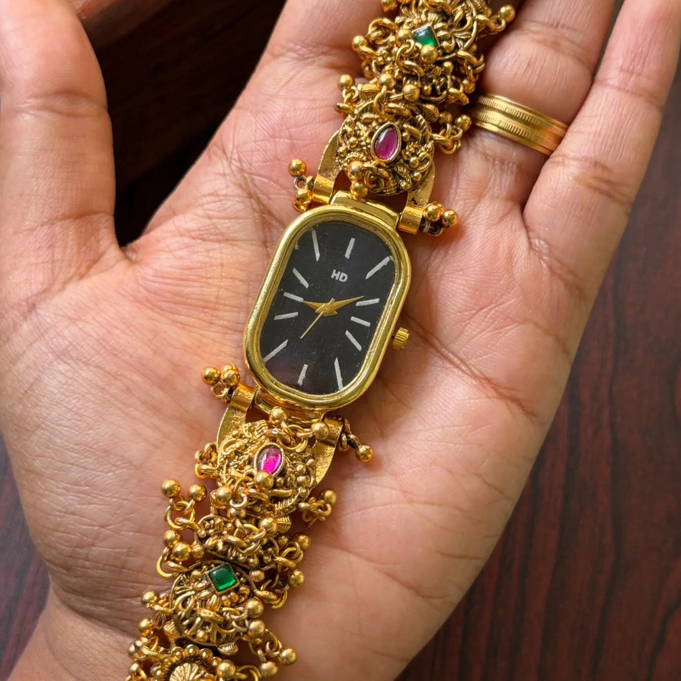 Antique Gold Nakshi Temple Work Bracelet Watch SJA005