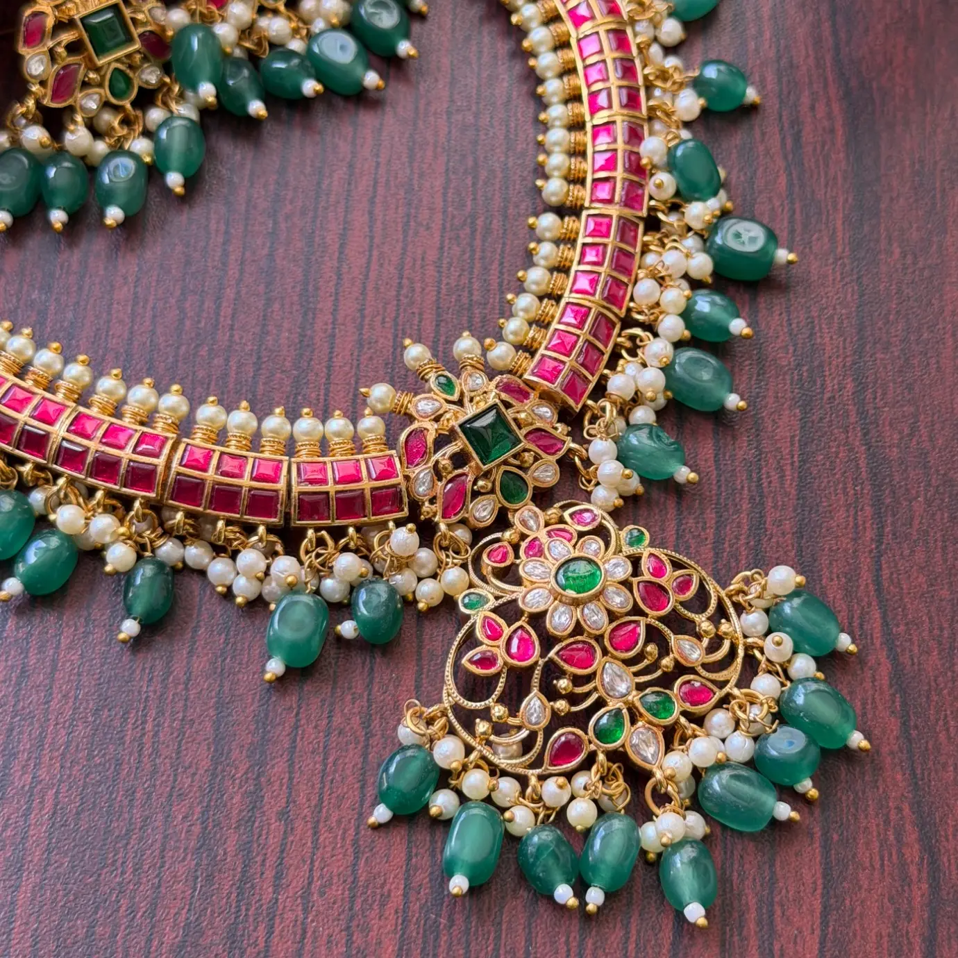 Premium Jadau Kundan Ruby & Emerald Pearl Cluster Choker Set SJPM019