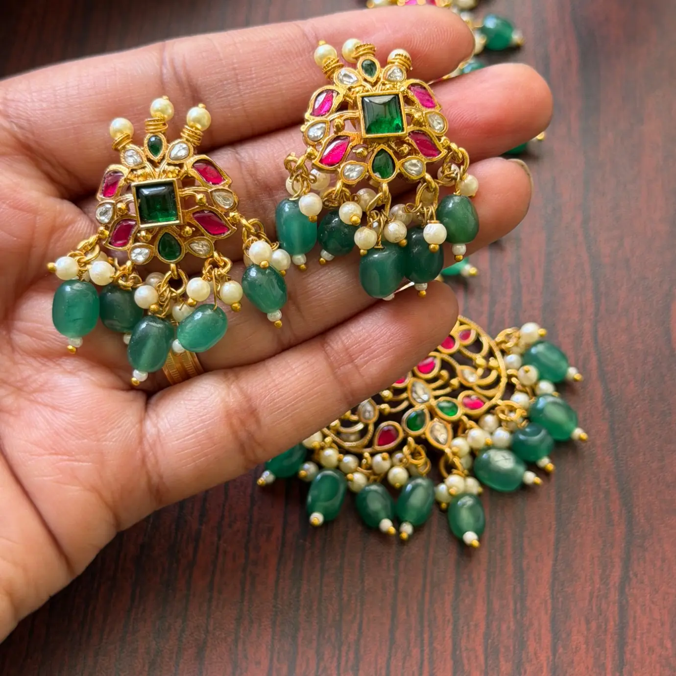 Premium Jadau Kundan Ruby & Emerald Pearl Cluster Choker Set SJPM019