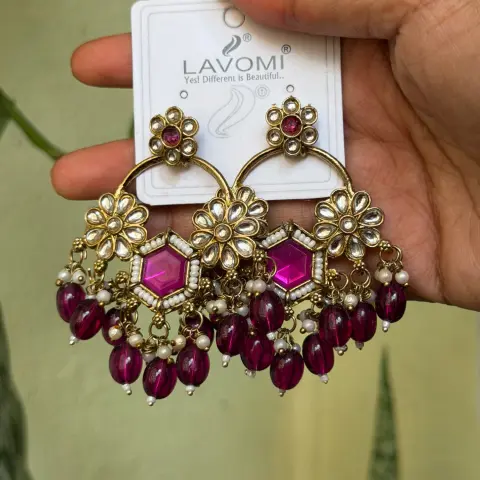 Kundan Floral Crescent Chandbali Earrings SJER024