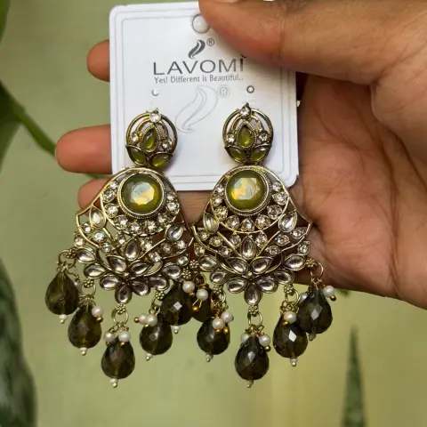 Kundan Olive Green Chandelier Earrings SJER025