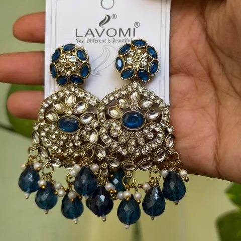 Kundan Sapphire Blue Chandelier Earrings SJER029