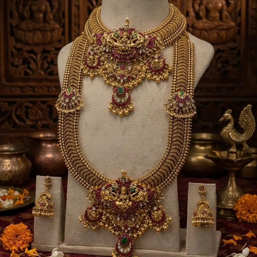Pure Brass Jadau Temple Goddess Lakshmi Grand Bridal Set (with Removable 2-in-1 Pendant Haram, Choker & Jhumkas) SJPM020