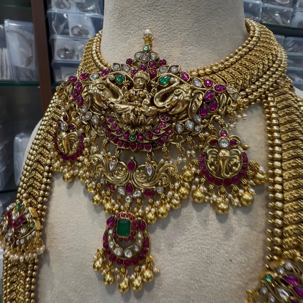 Pure Brass Jadau Temple Goddess Lakshmi Grand Bridal Set (with Removable 2-in-1 Pendant Haram, Choker & Jhumkas) SJPM020