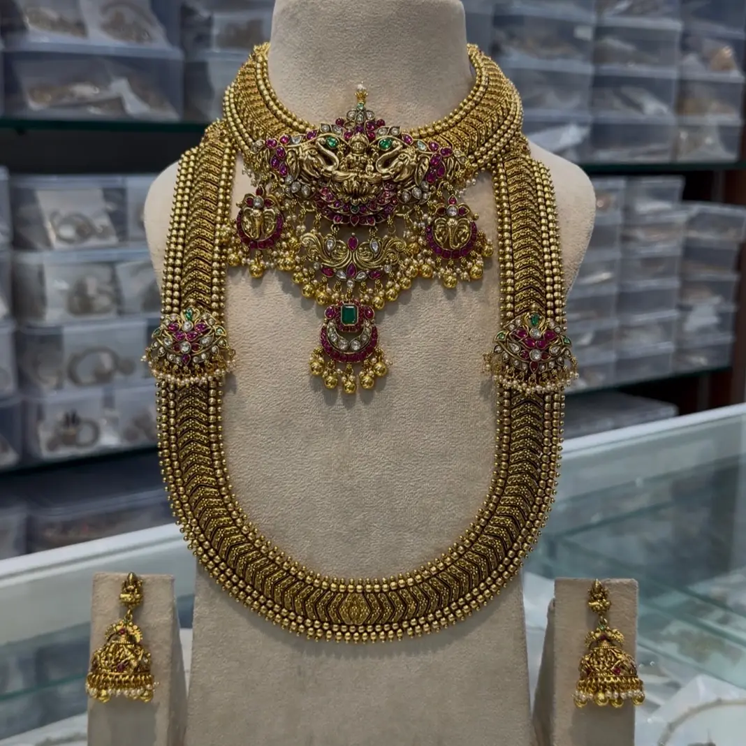 Pure Brass Jadau Temple Goddess Lakshmi Grand Bridal Set (with Removable 2-in-1 Pendant Haram, Choker & Jhumkas) SJPM020