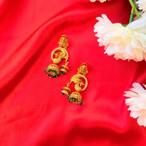 Peacock Grace Antique Gold Jhumka Earrings