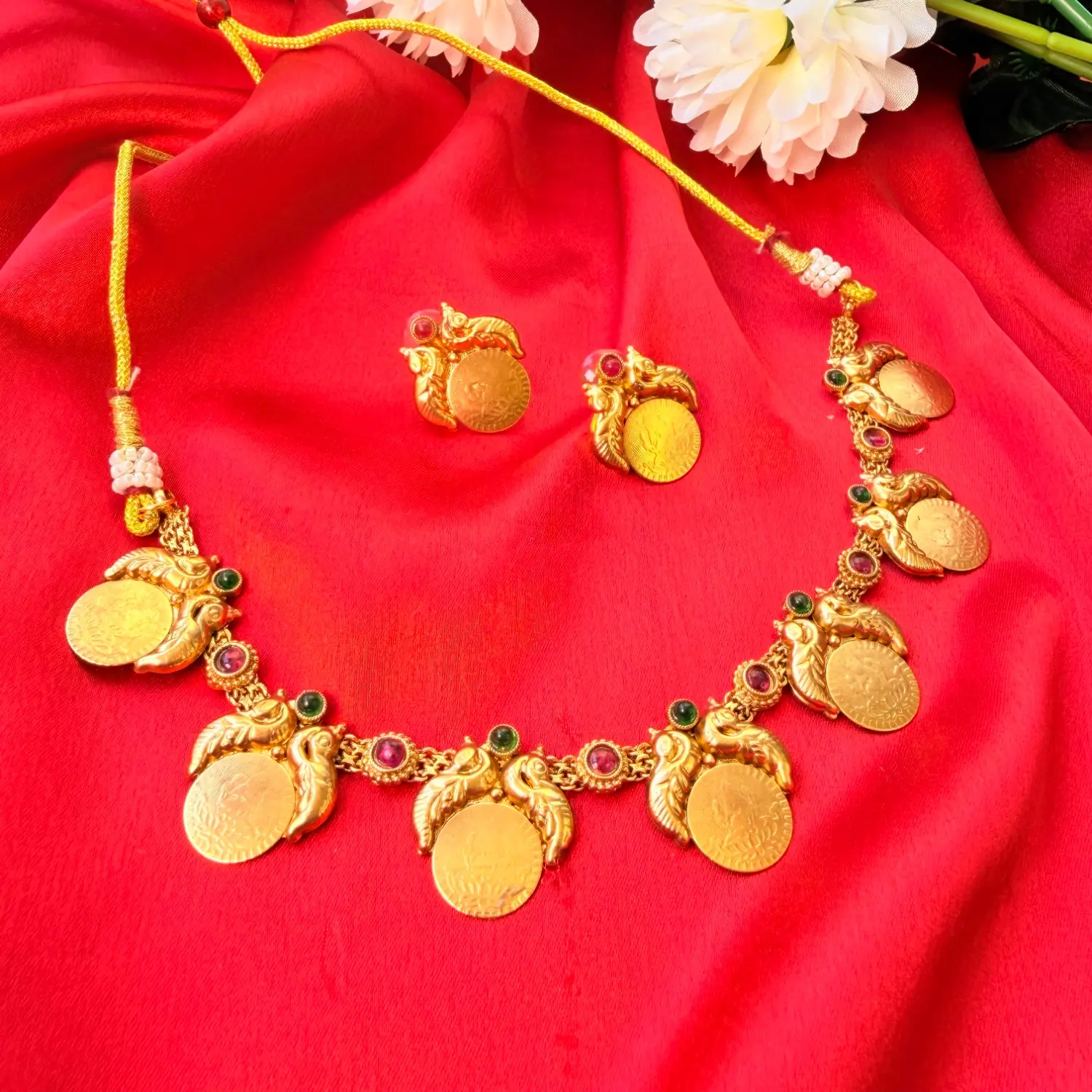 Peacock Kasu Antique Gold Short Necklace  Set SJSN044