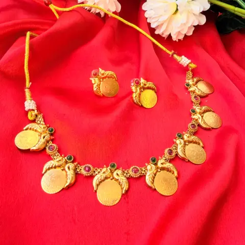 Peacock Kasu Antique Gold Short Necklace  Set SJSN044