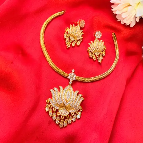 Radiant Lotus CZ Stone Gold-Plated Short Necklace Set