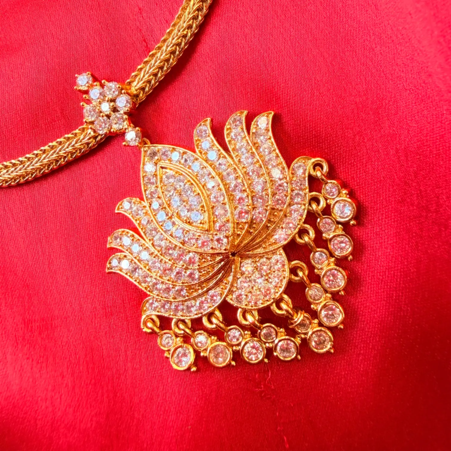 Radiant Lotus CZ Stone Gold-Plated Short Necklace Set