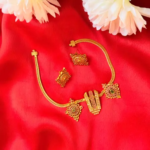 Traditional Tirupati Balaji Kemp Stone Short Necklace Set