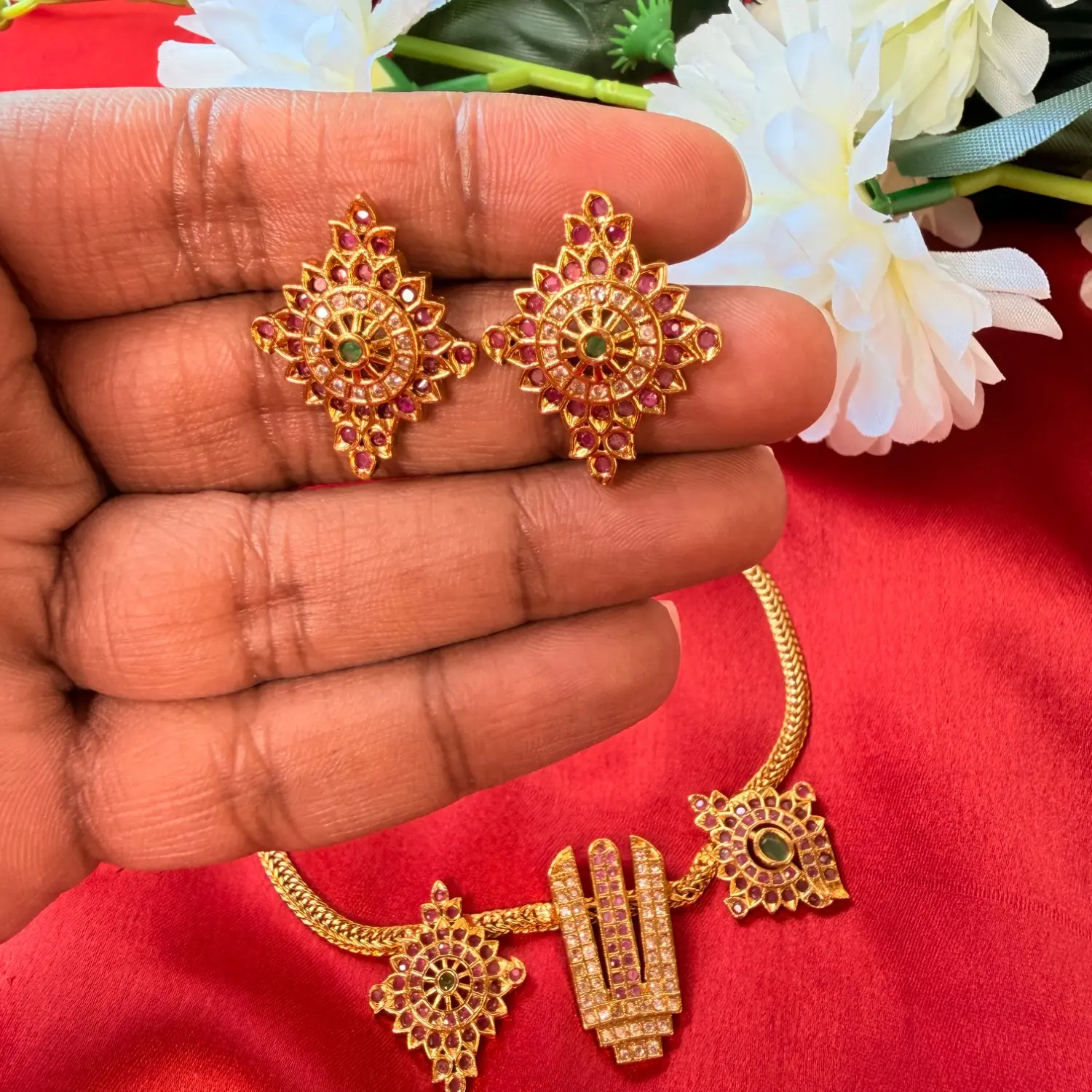 Traditional Tirupati Balaji Kemp Stone Short Necklace Set
