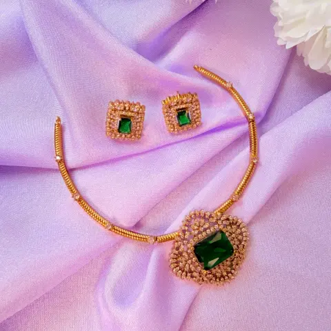 Royal Emerald Solitaire CZ Stone Gold-Plated Short Necklace Set