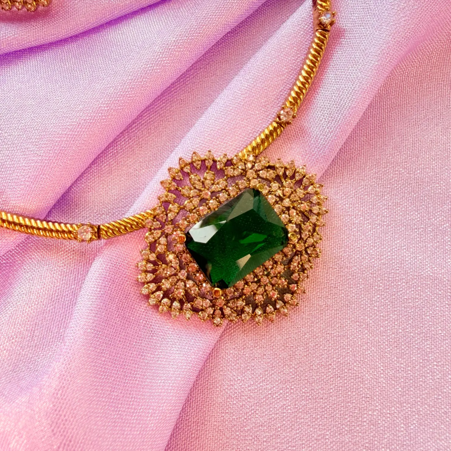 Royal Emerald Solitaire CZ Stone Gold-Plated Short Necklace Set